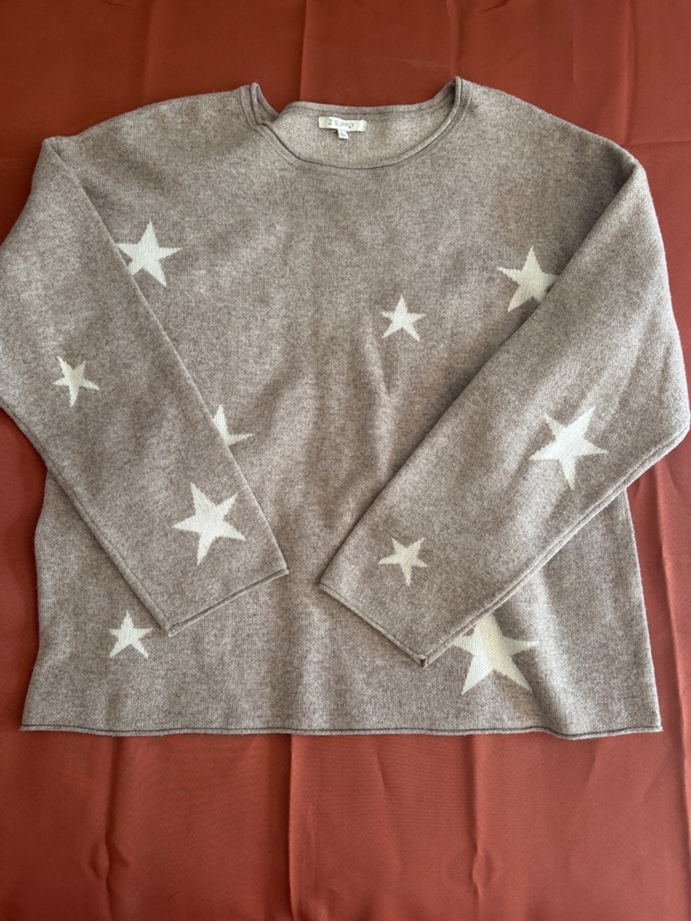 Z Supply Taupe Crewneck Star Sweater with Cream Stars